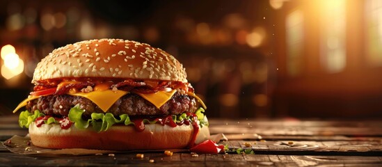 Poster - Tasty burger sandwich with melted cheese perfect for your copy space image