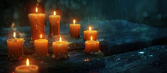 Poster - Sad memories are symbolized beautifully by dimly lit burning candles in the darkness in a copy space image