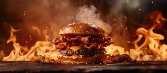 Poster - Fast food burger with meat and chicken accompanied by fires displayed in a copy space image