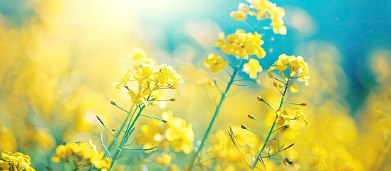 Poster - Scenic rural landscape featuring a vibrant blooming canola field with yellow rapeseed flowers up close ideal for a copy space image