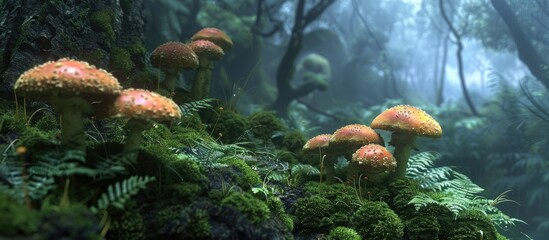 Poster - Mushrooms growing in the mossy forest with a copy space image