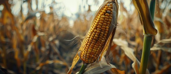 Poster - close up image of a corn cob on a stem in a field damaged by pests with plenty of blank space for te
