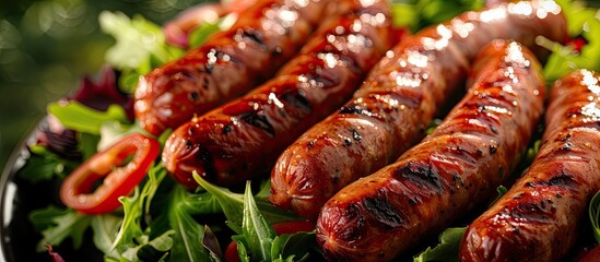 Poster - Savory grilled sausages served on a fresh bed of salad with a tempting background of a copy space image for added visual appeal