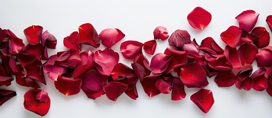 Aufkleber - Red rose petals on a white backdrop create a stunning image with copy space perfect for a vibrant romantic wedding card or elegant floral decorations