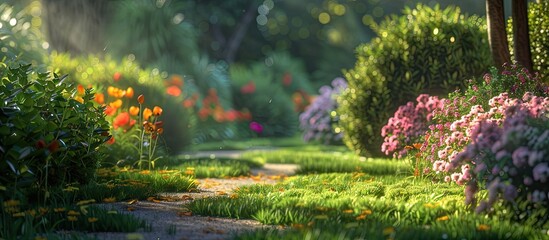Poster - Blooming flowers grace the garden providing a picturesque copy space image