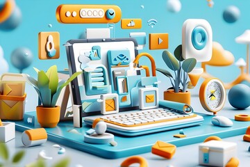 Poster - 3D Illustration of a Laptop with Social Media Icons.