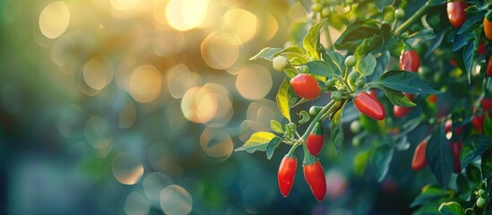 Poster - Fresh chilies grow on a tree in a close up image with a blurred background highlighting the vibrant colors and textures creating a dynamic copy space image