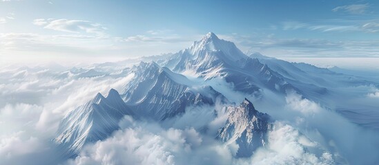 Poster - A scenic aerial perspective overlooking clouds from a towering peak with copy space image