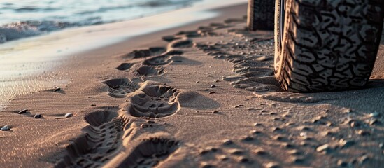 Poster - Imprints of car tires left on the sandy beach ideal for a copy space image