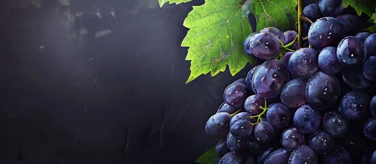 Poster - A bunch of rich dark grapes on a vine with a blank space for writing or images to be added in marketing materials known as a copy space image