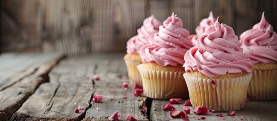 Poster - Pink cupcakes displayed on a rustic wooden surface with ample copy space image
