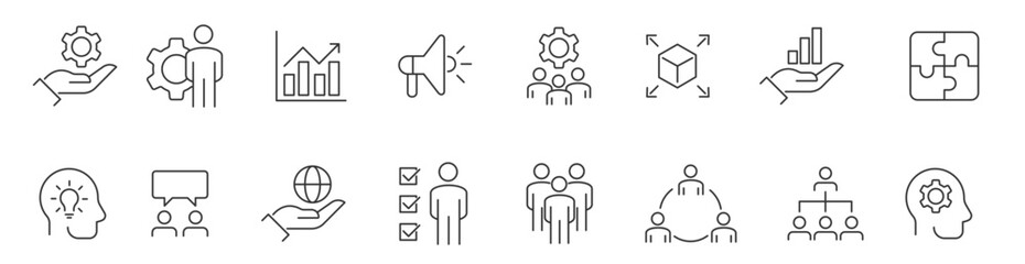 Vector set of linear icons related to business process, team work and human resource management.