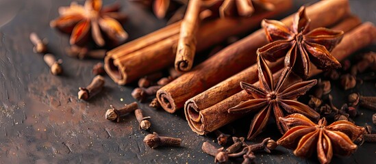 Poster - Table setting with anise star cinnamon sticks and cloves creating a warm and aromatic display in a copy space image