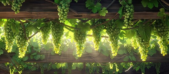 Poster - A vineyard scenic with lush green grapes hanging elegantly on a wooden ceiling creates a serene setting for a striking copy space image