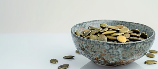 Poster - Bowl with pumpkin seeds on white backdrop with copy space image