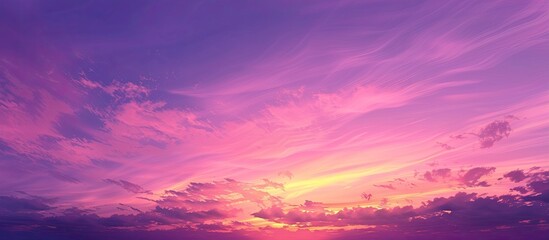 Poster - Tranquil evening sky view with rich purple and pink tones merging into orange at the horizon featuring a soft wispy cloud formation against a twilight backdrop perfect as a copy space image