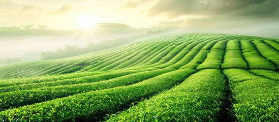 Poster - scenic view of lush green tea fields with a tranquil ambiance and a copy space image