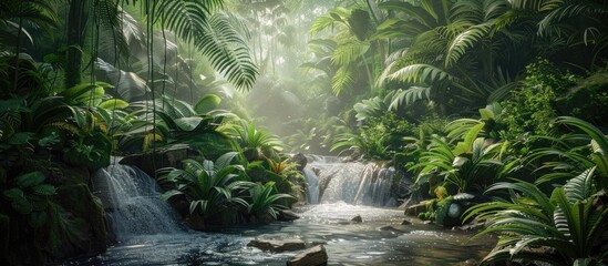 Poster - Stream flowing through the dense jungle with lush greenery and wildlife surrounding it ideal for a copy space image