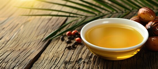 Poster - Selective focus on oil palm or cooking oil in a white bowl on a wooden table with copy space image