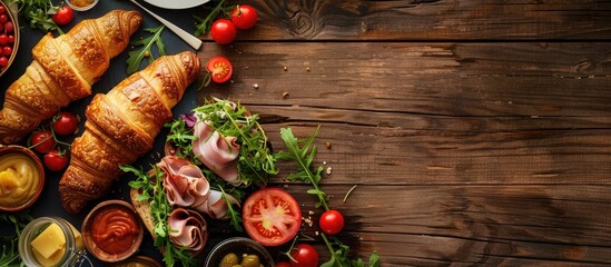Poster - Morning breakfast concept featuring a variety of fresh croissants sandwiches and ingredients like salad ham cheese chicken and tomatoes on wooden background with copy space image