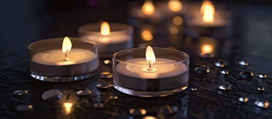 Poster - A few small candles burning on a dark surface with a clear paraffin coating creating a copy space image