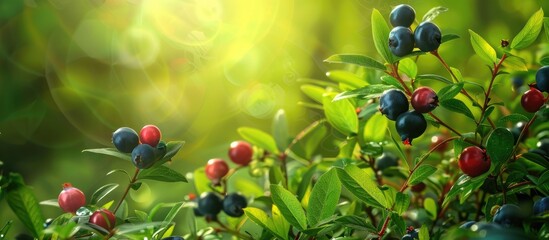 Poster - fresh red bilberry on a bush with vibrant blueberry shrubs green leaves creating a healthy food back
