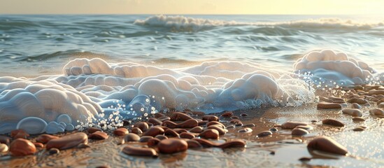 Aufkleber - Ocean waves crash against the shore leaving behind sea foam and reddish brown stones scattered along the sandy beach with a captivating view perfect for a copy space image