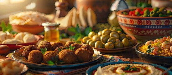 Poster - Breakfast typically eaten in the Middle East featuring various dishes like falafel and hummus served with flatbreads and olives In the background a beautiful copy space image