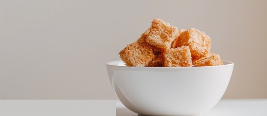 Poster - Rusk in a white bowl showcasing a crispy texture against a clean background with copy space image
