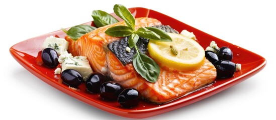 Poster - Roasted salmon fillet presented on a red plate with lemon black Greek olives and white goat cheese isolated over a white background with copy space image