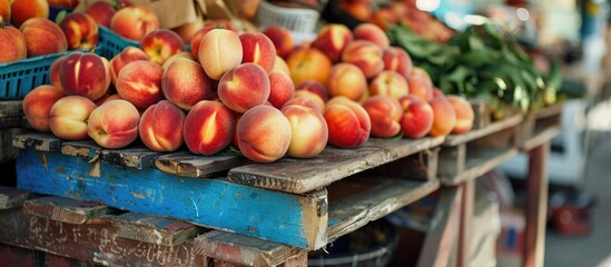Poster - Fresh ripe peaches displayed on a market stall with available copy space image