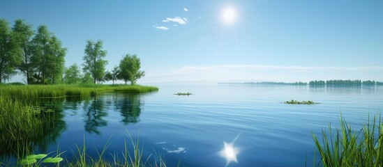 Canvas Print - A serene summer day with a clear blue sky above a tranquil lake creating a picturesque scenery for a copy space image