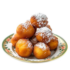 Wall Mural - Front view of Quarkbällchen with German quark balls, deep-fried and dusted with powdered sugar, isolated on a white transparent background
