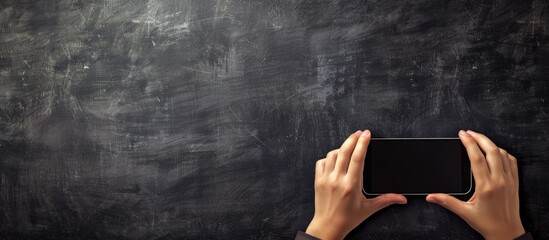 Male hands holding a smartphone in front of a blackboard with copy space image
