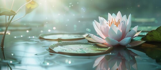 Poster - Lovely water lily with a stunning bloom on a serene pond ideal as a copy space image