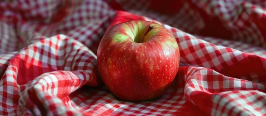 Poster - Apple displayed on a clothed surface with red and white checkered pattern available for placement of text or objects in an image. . image with copy space
