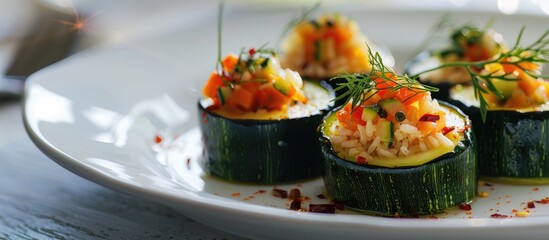 Poster - Zucchini rounds filled with veggies and rice on a white plate with copy space image