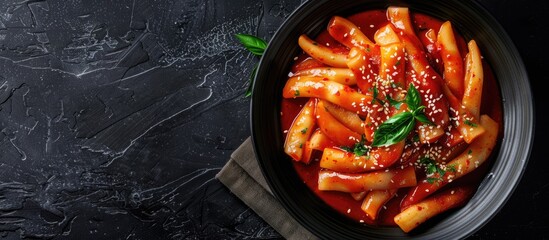 Poster - Spicy Korean rice sticks called Tteokbokki served hot in a savory sauce photographed with copy space image