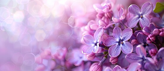 Poster - Soft floral background with macro shot of spring lilac violet flowers creating a beautiful copy space image