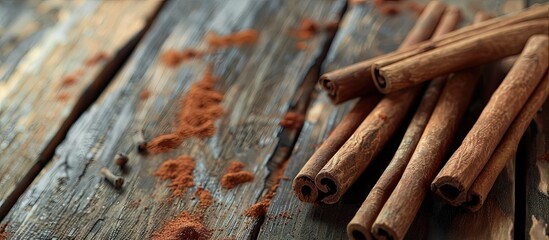 Poster - Several fragrant cinnamon sticks displayed on a wooden table with space for placing images. . image with copy space