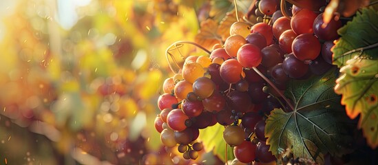 Poster - Autumn s harvest in a vineyard with a large bunch of ripe grapes on the vine creating a fruit concept with copy space image