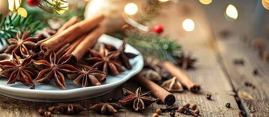 Poster - Table setting with anise star cinnamon sticks and cloves creating a warm and aromatic display in a copy space image