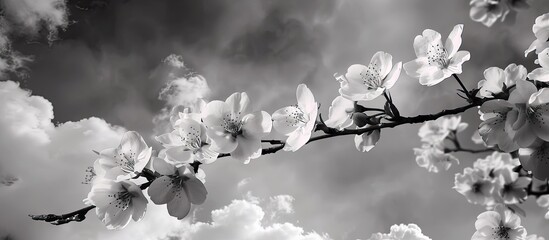 Aufkleber - Black and white cherry blossoms contrasting against a stunning sky background ideal for a copy space image