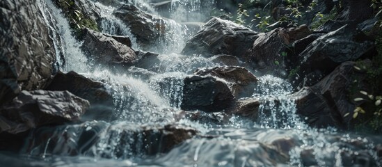 Poster - Water cascading down a rocky waterfall captured in a copy space image
