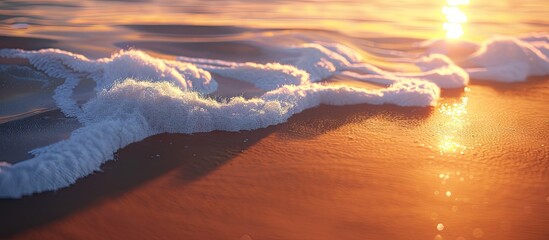 Poster - A serene beach scene with a wave rolling onto the sand at sunset evoking feelings of holiday tranquility and a deep connection with nature Ideal for a copy space image