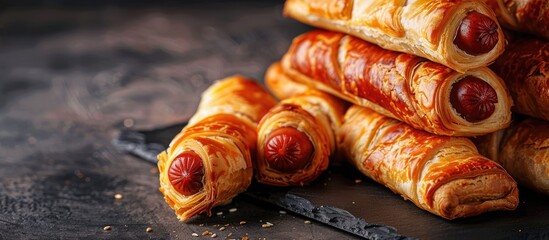 Poster - Hot dogs in pastry piled high on a black backdrop with copy space image