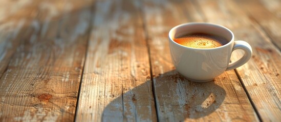 Poster - Close up shot of a cup of coffee on a wooden surface with ample copy space image