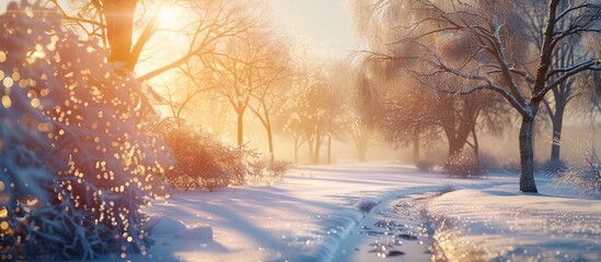 Winter landscape after a freezing rain with a bright sunshine illuminating it creating a scenic copy space image