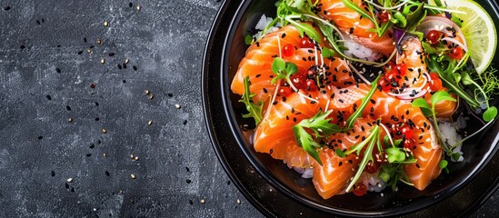 Poster - Japanese style salmon and seafood salad with a beautiful copy space image for visual appeal