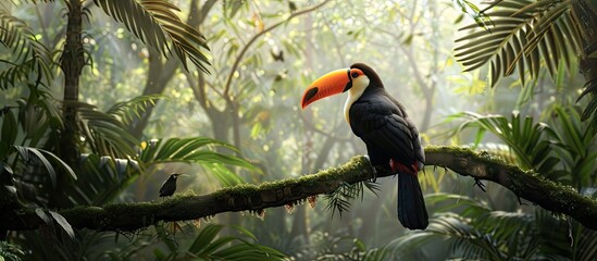 Poster - A toucan bird perched on a tree branch in a lush tropical forest with a clear background for a copy space image